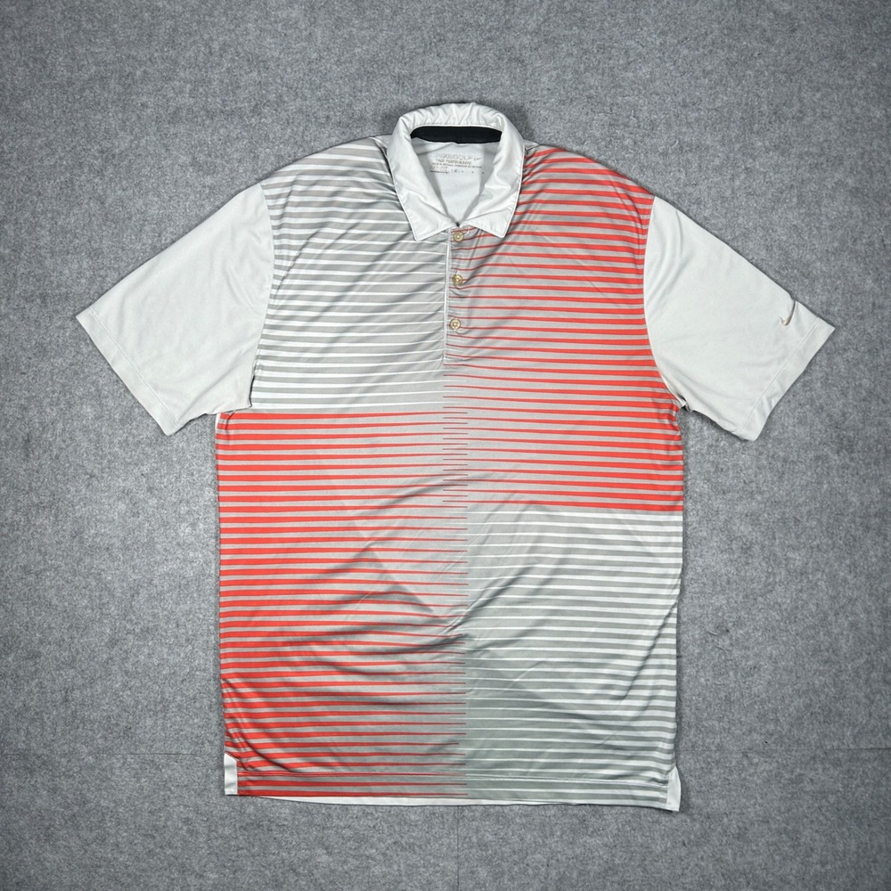 Nike Golf Polo Mens Medium White Orange Gray Striped Dri Fit‎ Performance